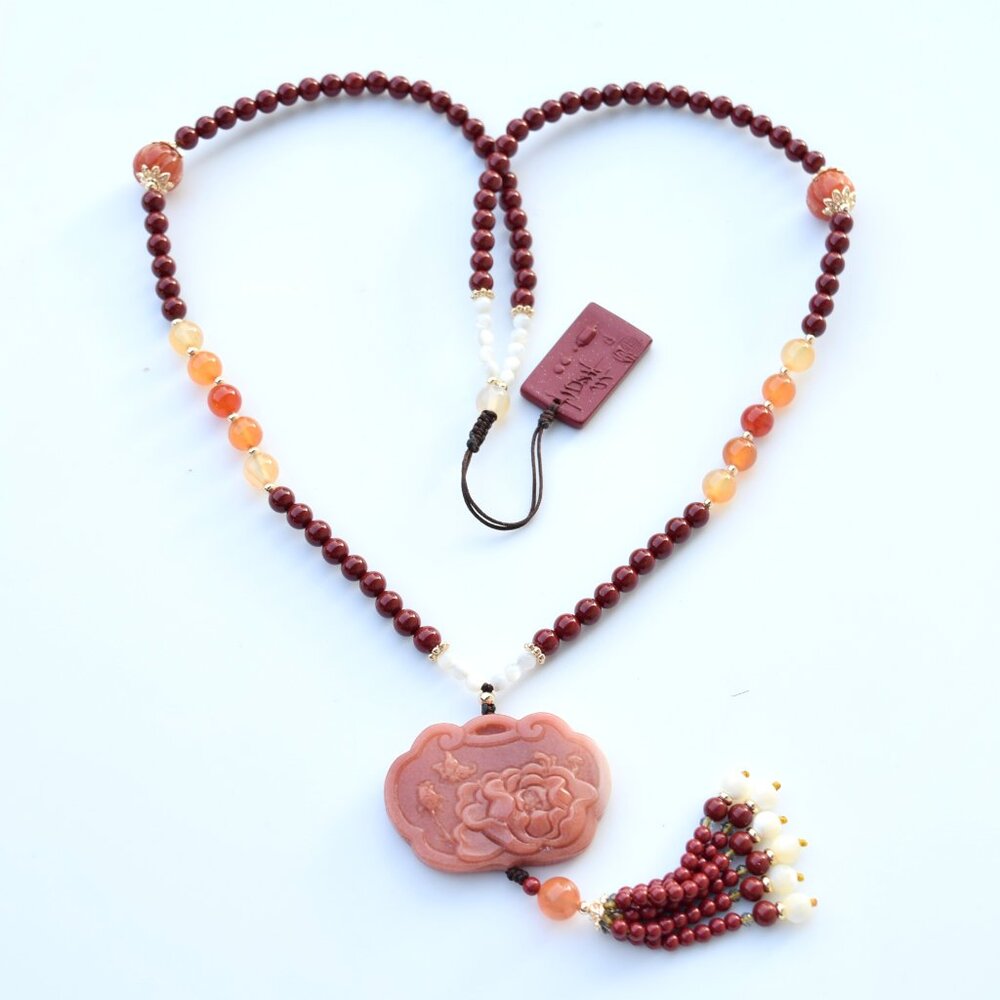 Pink Jade Peony Pendant Necklace - Cinnabar Beaded Chain